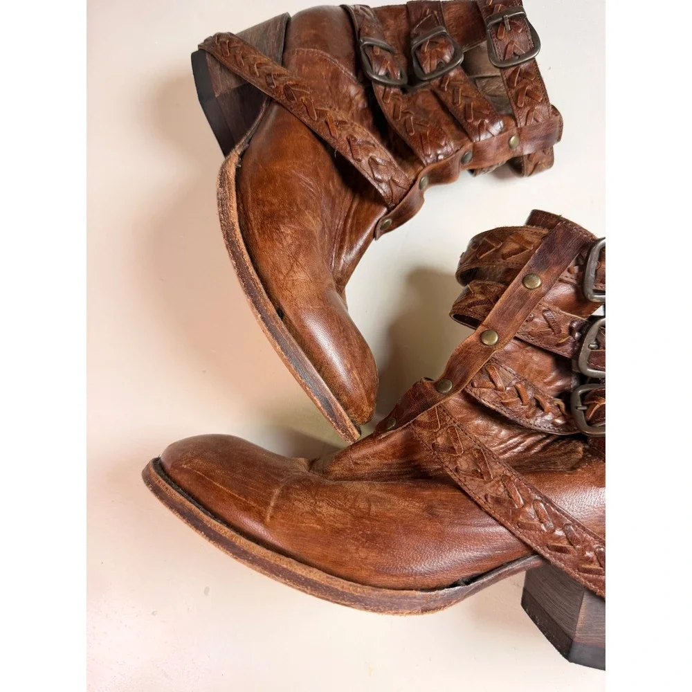 Bed Stu Glaye‎ Ankle Boots Womens Brown Size 8 Braided Triple Buckle Leather